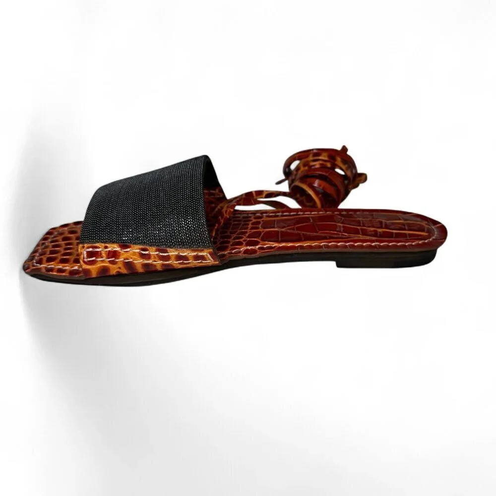 Brunello Cucinelli Women's Orange & Brown Croc Embossed Flat Sandals Sz 37 NWOB
